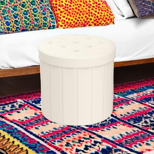Bsketa® Folding Storage Ottoman Round 14" x 14" x 13"Inch, Foot Stool with Thicker Foam Padded Seat Small Leather Storage Ottoman Bench Foot Rest for Living Room Foldable Coffee Table, Beige