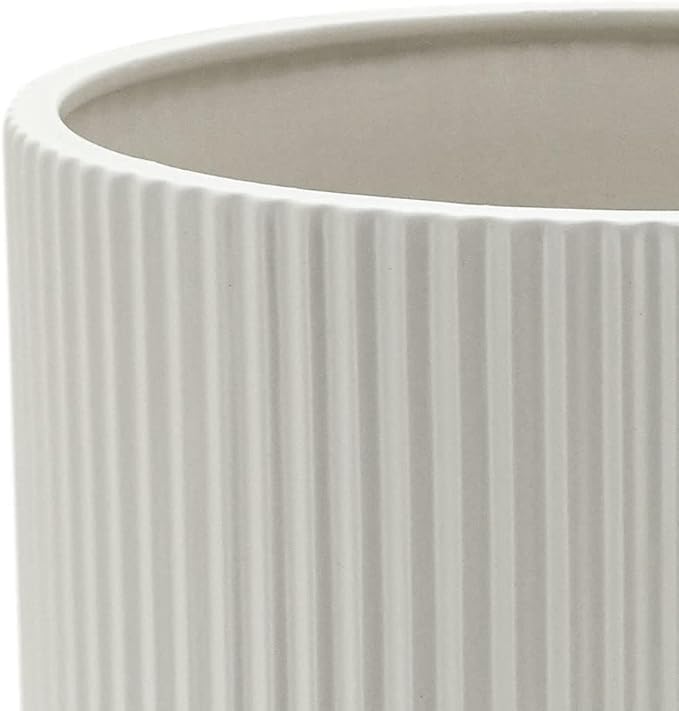Amazon Basics Assorted Sizes Fluted Ceramic Round Indoor Outdoor Planters with Drainage, Set of 3, Modern Design, 6 inch, 8 inch, 10 inch, White