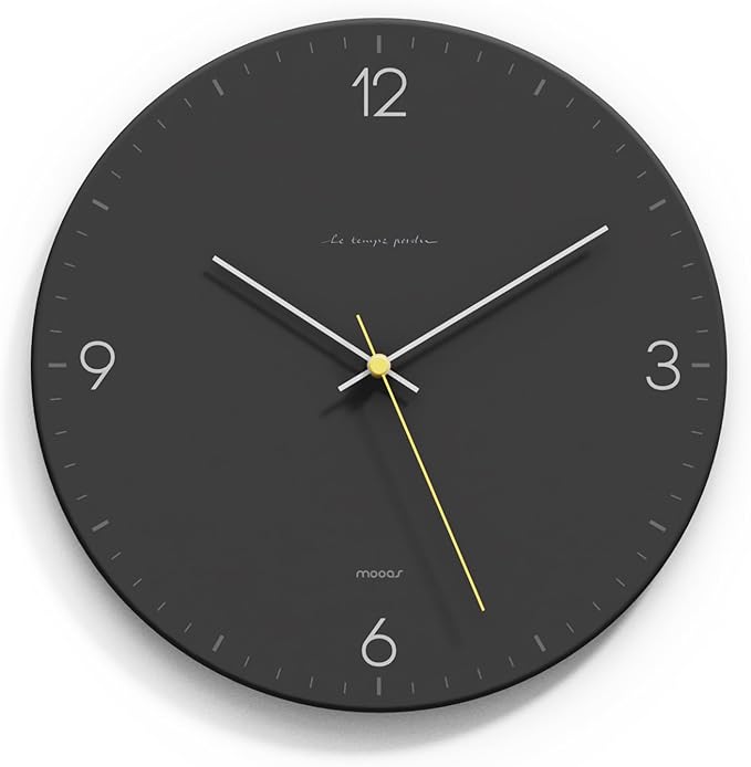 mooas Flatwood Wall Clock,12" Non-Ticking Sweep Movement Decorative Battery Operated Wall Clock for Home Living Room Kitchen Bedroom Office School (Simple Black)
