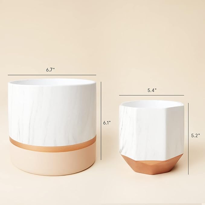 LA JOLIE MUSE White Ceramic Flower Pots - 6.7 + 5.4 Inch Indoor Planters, Plant Containers in a Marble Ink Pattern with Rose Gold and Pink Detailing