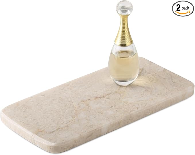 Koville Luxury Natural Turkish Marble Tray, Set of 2 Small Decorative Tray, Soap Dispenser Tray for Kitchen Sink, Bathroom Vanity Trays for Counter
