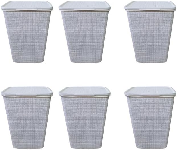 YBM Home Plastic Rattan Laundry Hamper Basket with Hinged Lid, Ventilation Holes, Durable, Lightweight Bin With Cutout Handles, Storage Dirty Clothes, Space Saver, 16.75" x 13.5" x 23.75",White,6-Pack
