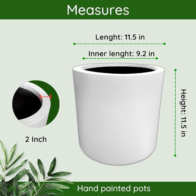 Elly Décor Cylindrical 11.5-inch Pot, White Planter Made of Fiberglass and Hand-Painted, Suitable for Indoor and Outdoor Plants and Flowers, with Drainage Hole and Plug