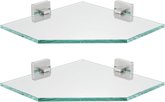JQK Corner Glass Shelf, Brushed Steel Bathroom 304 Stainless Steel Shower Triangle Floating Wall Shelf, 10 x 10 Tempered Glass, 2 Pack, TGS290L10-BN-P2