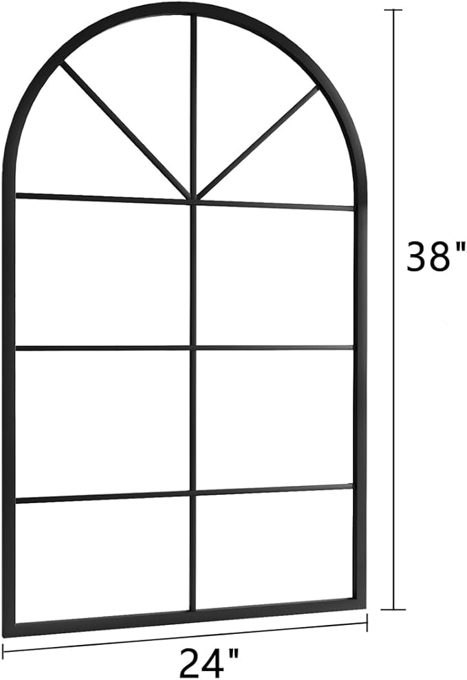 Arched Wall Mirror Wall Decorative, Iron Framed Window Pane Mirrors,38" x 24" Window Mirror, Arched Top Wall Mirror for Entryway Living Room, Bedroom, Fireplace .(Black)