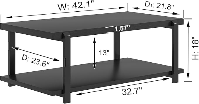 FOLUBAN Black Coffee Table, Modern Rustic Wood Center Table with Storage for Living Room, Industrial Rectangle 2 Tier Cocktail Tea Table, Black Oak