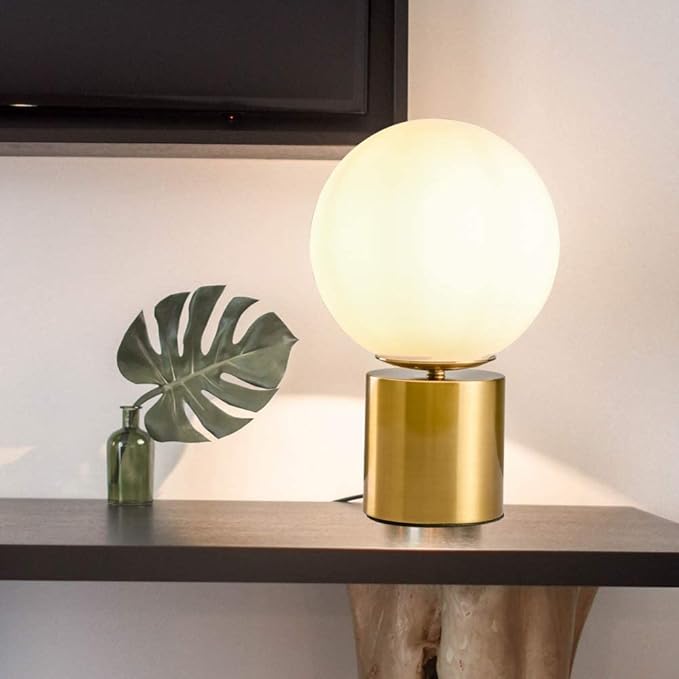 11 Inch Modern Gold Globe Table Desk Lamp,Vintage Mid Century Round Table Lamp with White Glass Shade Metal Base for Bedroom Bedside Lamp Living Room End Table
