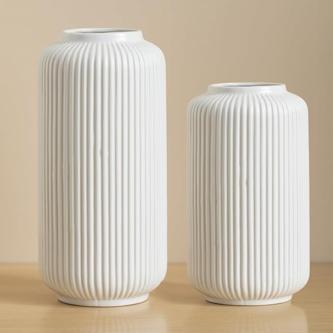 10 Inch Tall Glossy White Ceramic Ribbed Vase for Flowers & Pampas Grass, Simple Modern Decorative Vases for Home Decor Table Centerpieces