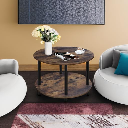 Small Round Coffee Table for Small Space, 23.5" 2-Tier Rustic Brown Wooden Coffee Table with Open Storage for Living Room/Balcony/Office, Metal Legs, Easy to Assemble
