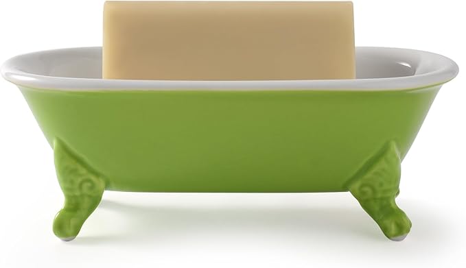 6.5" Ceramic Mini Decorative Clawfoot Bathtub Bar Soap Dish, Kitchen Sponge Holder and Shower Tray for Bathroom, 1 Pack(Lime)