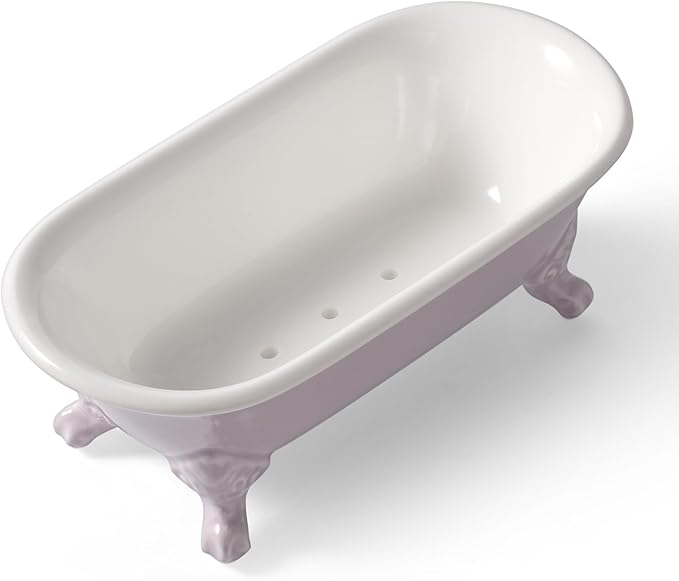 6.5" Ceramic Mini Decorative Clawfoot Bathtub Bar Soap Dish, Kitchen Sponge Holder and Shower Tray for Bathroom, 1 Pack(Lavender)
