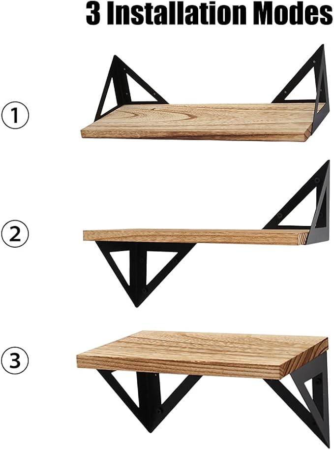 Rustic Wood Wall Shelves Set of 3,Floating Shelves Wall Mounted with Metal Bracket, Wall Mounted Farmhouse Shelves for Living Room, Kitchen, Bedroom and Bathroom