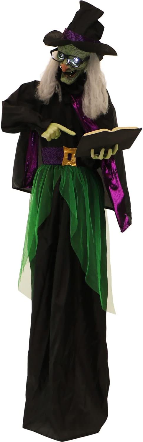 Haunted Hill Farm Life-Size Scary Talking Witch Holding Spell Book, Halloween Animatronic with Touch Activated Lights and Sound, Battery Operated Indoor or Covered Outdoor Halloween Decorations