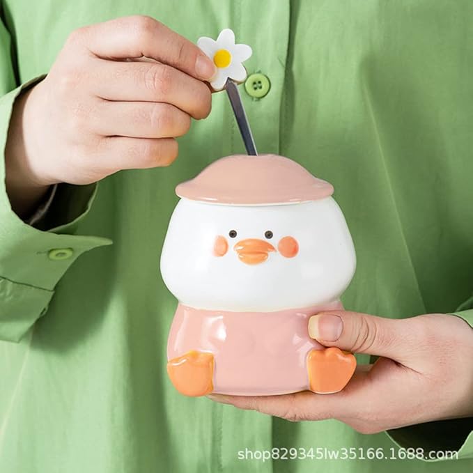 Cute 3D Duck Coffee Mug,Funny Duck Ceramic Coffee Cup with Hat Lid and Lovely Flower Spoon,Suit for mug warmer,Novelty Morning Mug Christmas Birthday Present for Office Friends Women Girls