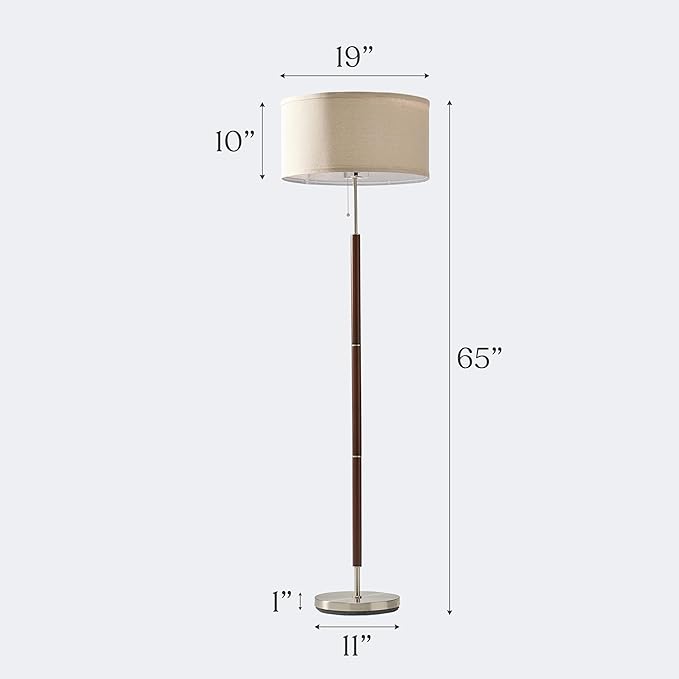 Brightech Carter LED Floor Lamp, Walnut Wood Finish, Mid-Century Modern Drum Shade for Living Room & Office Decor