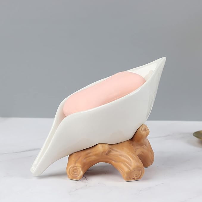 Leaf Soap Dish for Shower,Ceramic Soap Holder with Stump Bathroom Ring Dish Holder for Jewelry Engagament Wedding Birthday Gifts White