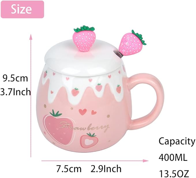Pink Mug, Cute Strawberry Cup with Cover Spoon, Ceramic Cute Coffee Mugs with strainer, Kawaii Cup for Tea Milk, Gift for Women Girls Student Korean Style 450ML Christmas Birthday