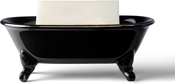 6.5" Ceramic Mini Decorative Clawfoot Bathtub Bar Soap Dish, Kitchen Sponge Holder and Shower Tray for Bathroom, 1 Pack (Black Gold Rim)