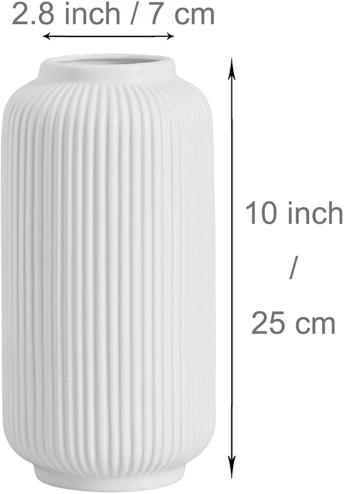 10 Inch Tall Glossy White Ceramic Ribbed Vase for Flowers & Pampas Grass, Simple Modern Decorative Vases for Home Decor Table Centerpieces