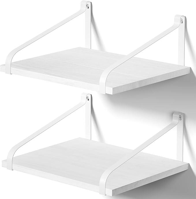 Love-KANKEI Floating Shelves Wall Mount Rustic Solid Wood Wall Shelves with Large Storage L16.5 x W12 inch for Kitchen Living Room Bathroom Bedroom Set of 2 White and White Brackets