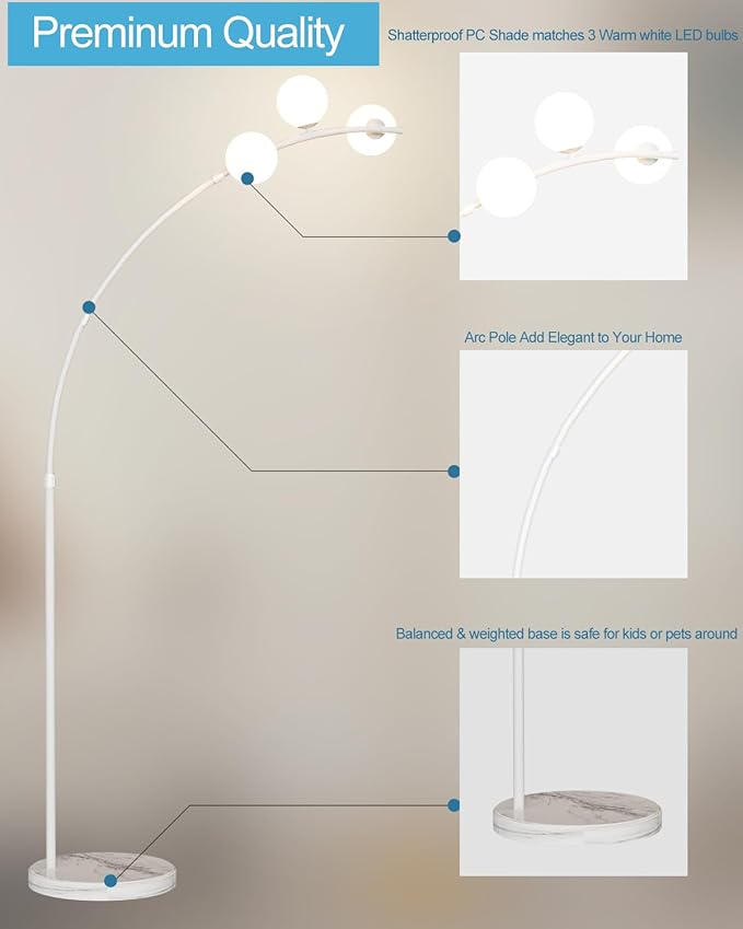 Lightdot 3 Globe Arc Floor Lamp for Living Room, Contemporary White Arched Floor Lamp with Shatterproof Shade, Bulbs Included, Modern Standing Lamp for Living Room