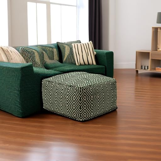 Signature Design by Ashley Abacy Casual Square Handwoven Pouf with Geometric Pattern, Green & Beige