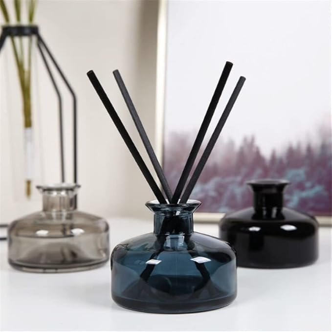 QUUPY 200ml Empty Glass Diffuser Bottle Round Aromatherapy Jar Container Essential Oil Perfume Fragrance Accessories for DIY Replacement Reed Sticks Crafts Decor Black
