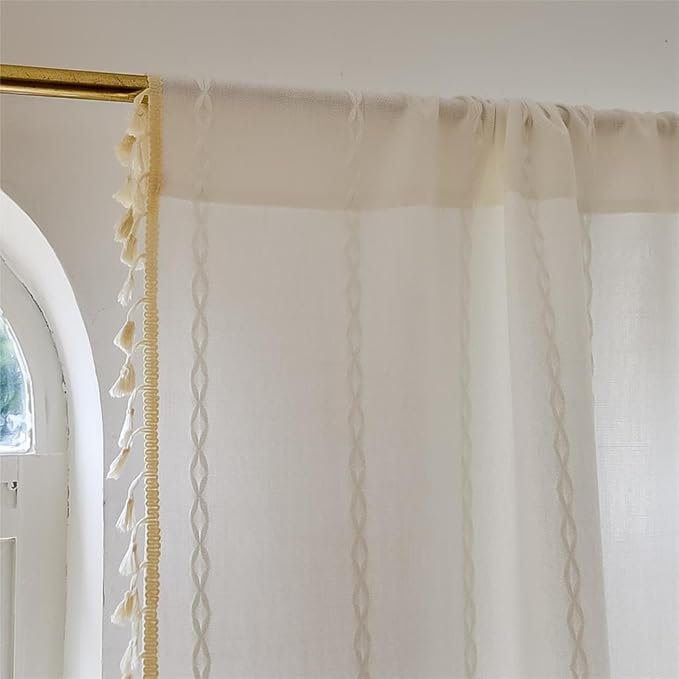 Sutuo Home Boho Valance Curtains 18 inches for Kitchen Cafe Dining Room, Short Farmhouse Vintage Tassels Window Treatment Bohemian Stripe Embroidery Drape, Rod Pocket 1 Panel 52" W x 18" L, White