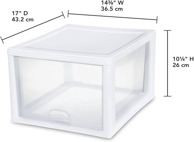 Sterilite 4-Pack 27 Quart Stacking Drawer, Clear Storage Closet Organizer, White Frame - Stackable Modular Plastic Drawers for Clothes, Accessories, Craft Supplies, Shoes or Linens