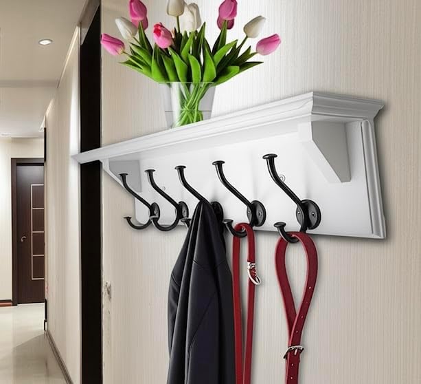 Wall Coat Rack with Shelf – 24” Entryway Shelf with Hooks – Solid Wood Key Rack with 5 Metal Hooks – White Wall Mounted Coat Organizer for Entryway, Kitchen or Bathroom
