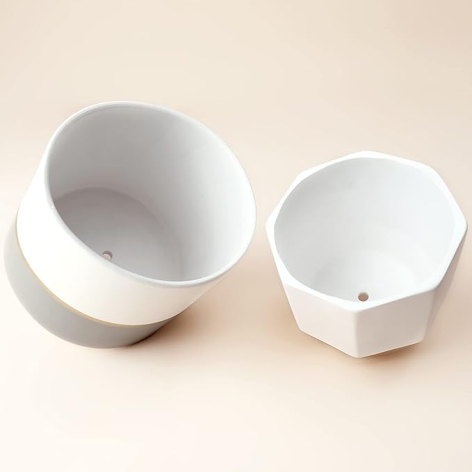 LA JOLIE MUSE Large White Ceramic Plant Pots - Garden Planters 10 + 8.1 Inch Indoor Flower Pots, Plant Containers with Gold and Grey Detailing