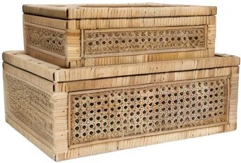 Creative Co-Op Modern Decorative Rectangle Woven Rattan and Wood Display Boxes with Glass Top, Set of 2 Sizes, Natural Finish