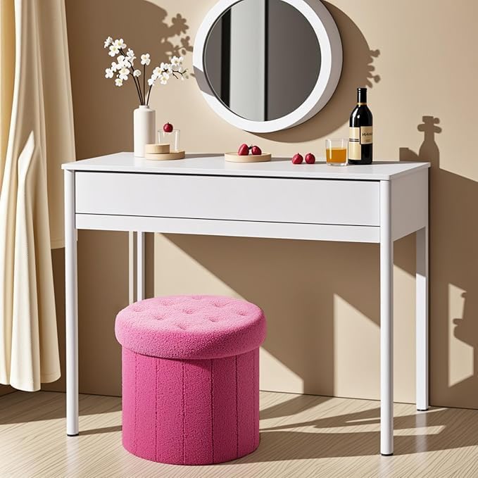 Ottoman with Storage, Foot Rest Stool with Thicker Foam Padded Seat Teddy Velvet Small Round 14“ x 14” x 13 "Inchs Storage Ottoman Bench for Living Room Foldable Pouf Coffee Table 2 Pack, Pink