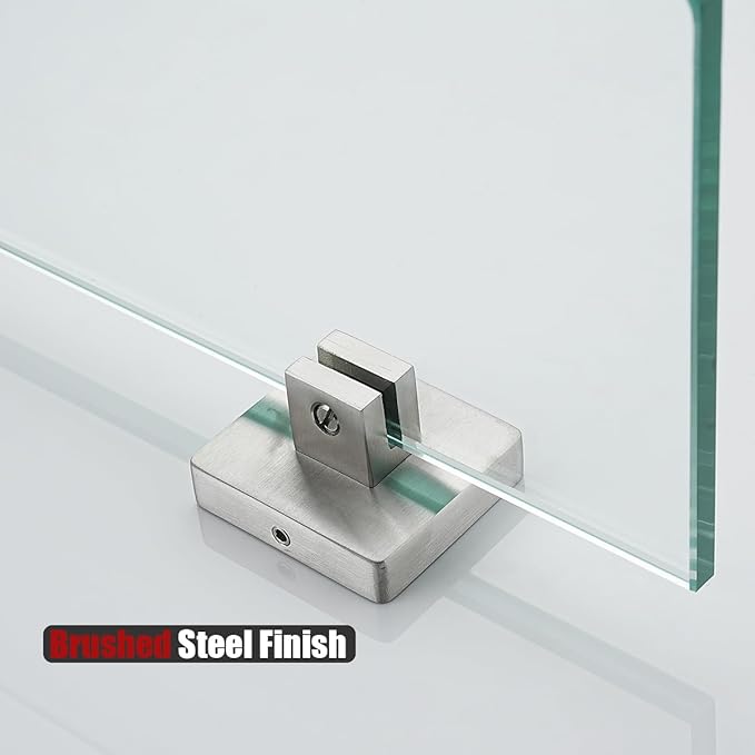 JQK Corner Glass Shelf, Brushed Steel Bathroom 304 Stainless Steel Shower Triangle Floating Wall Shelf, 10 x 10 Tempered Glass, 2 Pack, TGS290L10-BN-P2