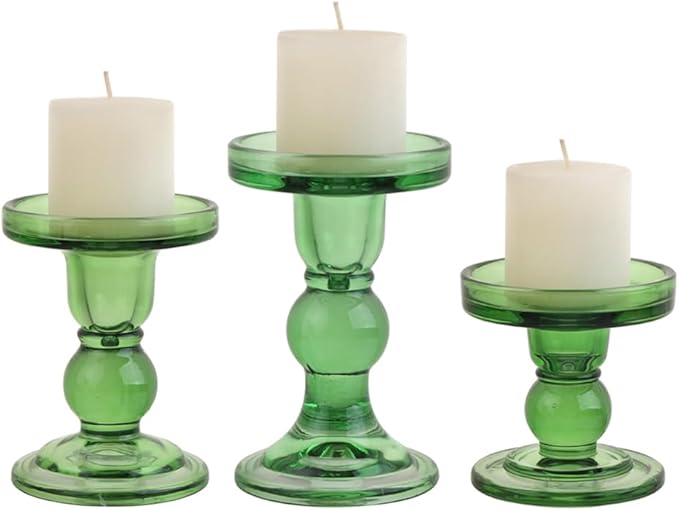 3-Piece Set of Green Glass Candlestick, Crystal Candlestick Holder Holder and Conical Candle, Christmas Candle Holder Decoration, Family Living Room Wedding Candle Holder (green1set)