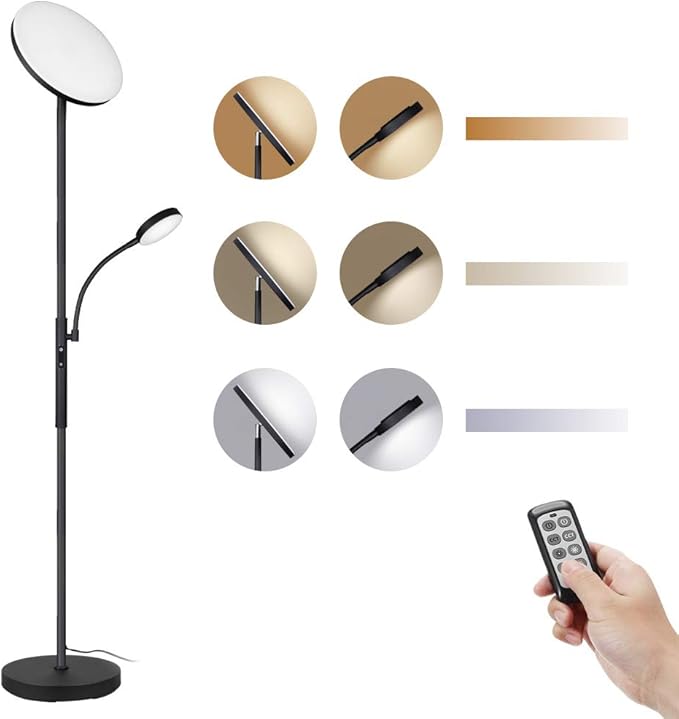 Dimunt Floor Lamp LED Floor Lamps for Living Room Bright Lighting, 27W/2000LM Main Light and 7W/350LM Side Reading Lamp, Adjustable 3 Colors Tall Lamp with Remote & Touch Control