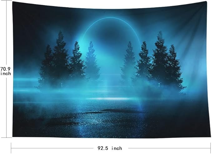 EMMTEEY Enchanted Forest Tapestry Moonlight Shine Dark Natural Scene with Reflection of in the Water Neon Blue 92.5X70.9 Tapestry