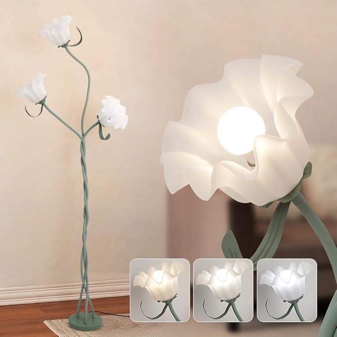 3 Heads Flower Floor Lamp, Vintage Corner Floor Lamp with Flexible Neck Shaft, Standing Lamps Tall Lamp for Home Decor,Living Room,Bedroom,Office, Lily of The Valley Lamp