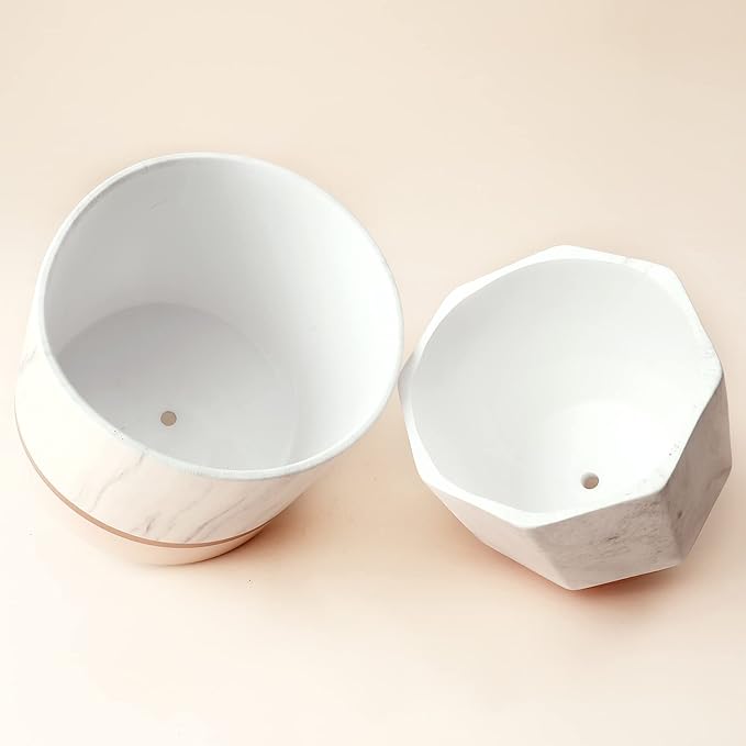 LA JOLIE MUSE White Ceramic Flower Pots - 6.7 + 5.4 Inch Indoor Planters, Plant Containers in a Marble Ink Pattern with Rose Gold and Pink Detailing