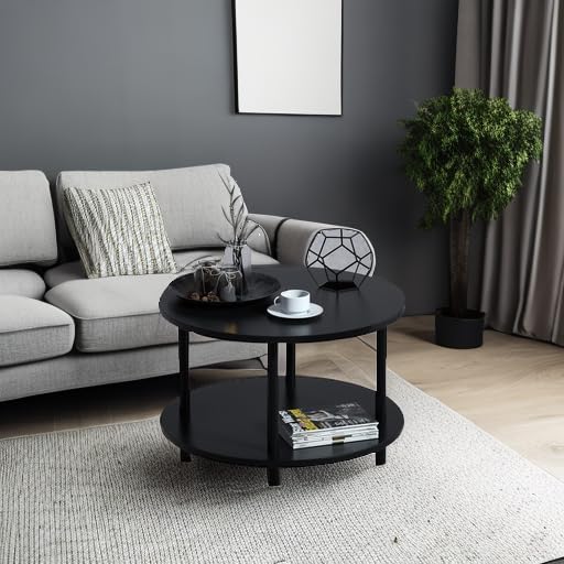 Small Round Coffee Table with Open Storage for Small Space, 23.5" Black 2-Tier Wooden Center Table for Living Room, Metal Legs, Easy to Assemble