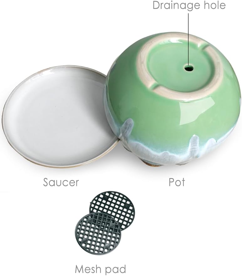 Dahlia 5.5'' Inch Rustic Drip Glazed Ceramic Planter/Succulent Pot/Plant Pot w. Saucer/Tray, Green
