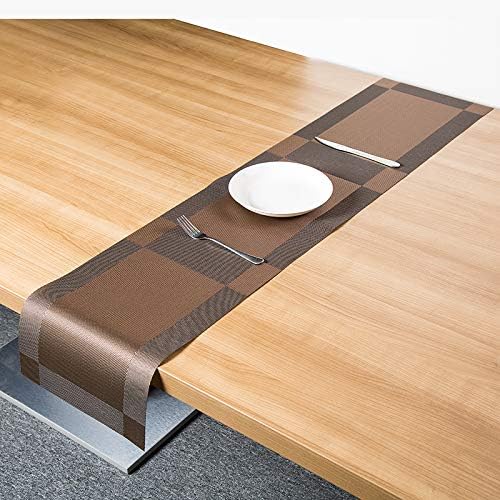 Placemats with Table Runner Sets Place Mats, Woven Crossweave Vinyl Kitchen Tablemat, Washable PVC Mats for Dining Table, Parties, Farmhouse, Thanksgiving, Christmas & Gathering (Brown)