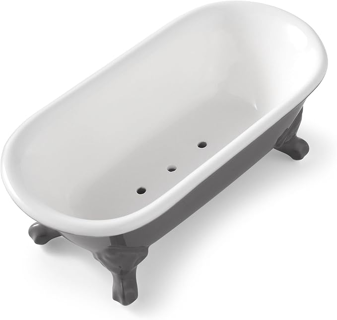 6.5" Ceramic Mini Decorative Clawfoot Bathtub Bar Soap Dish, Kitchen Sponge Holder and Shower Tray for Bathroom, 1 Pack(Stone Gray)