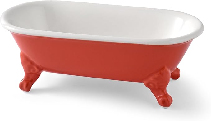 6.5" Ceramic Mini Decorative Clawfoot Bathtub Bar Soap Dish, Kitchen Sponge Holder and Shower Tray for Bathroom, 1 Pack(Coral)