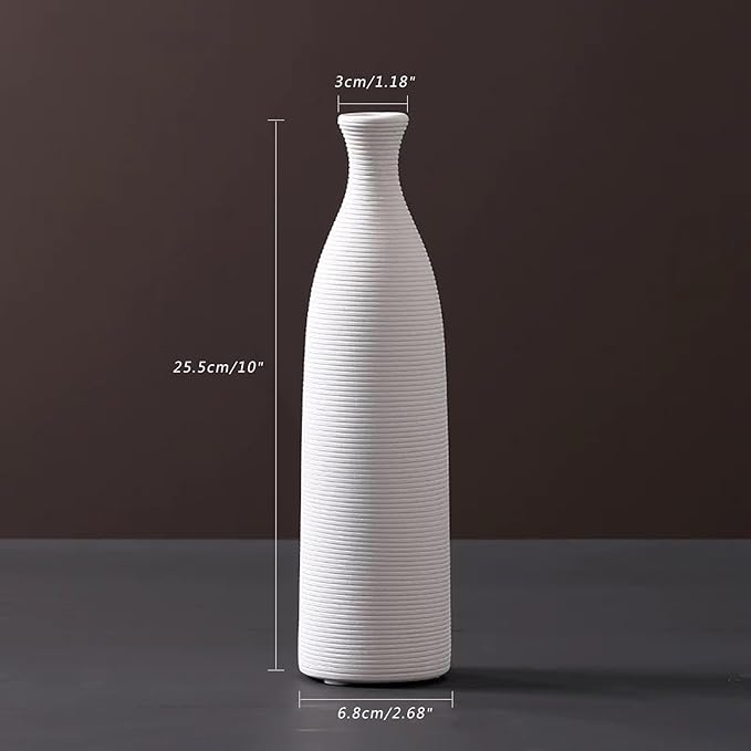 10 Inch White Ceramic Flower Vase, Textured Ribbed Minimalist Decorative Modern Vase for Pampas Grass, Table, Bookshelf, Mantel, and Entryway Home Decor
