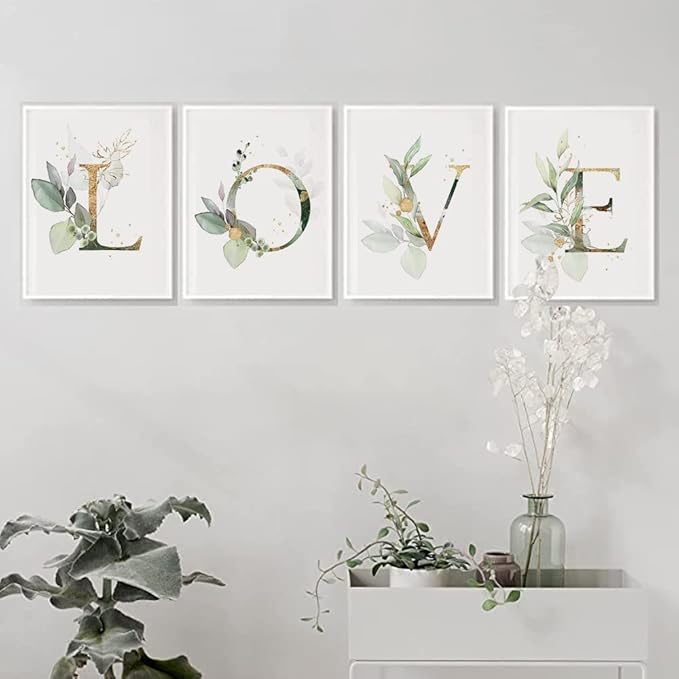 Love Botanical Simple Life Green Leaf Painting Bathroom Wall Decor Art Print Set of 4(8”X10”), Boho Leaf Eucalyptus Wall Décor, Watercolor Modern Bohemia Botanical Floral Leaves Kitchen Plant