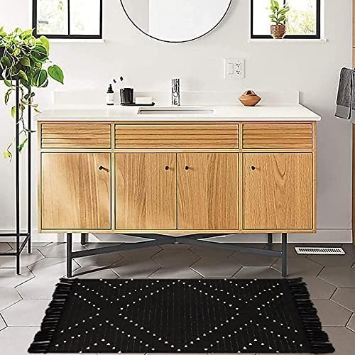 LIVEBOX Boho Black Bathroom Rug 2 x 3 Washable Throw Rugs, Small Cotton Woven Bath Mat, Moroccan Area Carpet with Tassel for Entryway Kitchen Sink Front Door