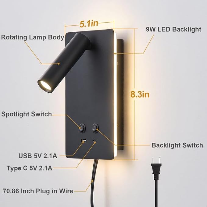 MOLUOLA LED Wall Lamp Wall Mounted Reading Lights Set of 2, Adjustable Headboard Plug in Wall Sconce with USB C+A Ports, Headboard Bedside Lamp with 9W+3W Night Light 3000K (Black)