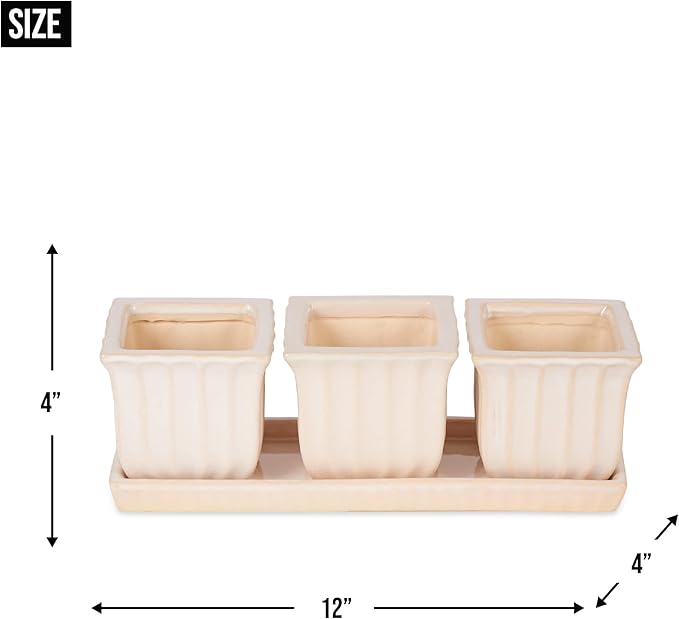 DII Ceramic Planter Collection Herb Pot Set, White Square, 12x4x4
