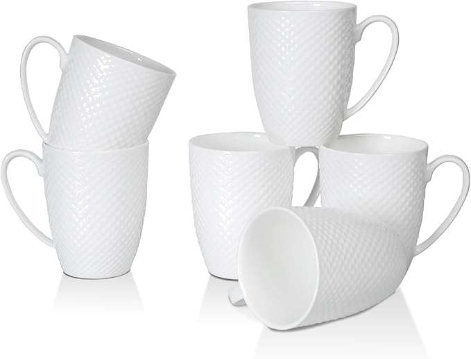 12 Oz Coffee Mugs Set of 6, Fine Bone China Mugs, White Ceramic Coffee Cups Set, Rhombus Relief Texture Coffee Mugs for Latte, Tea, Hot Cocoa, Women, Men